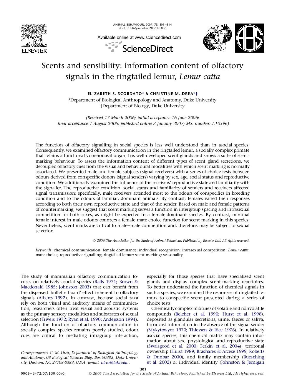 Scents and sensibility: information content of olfactory signals in the ringtailed lemur, Lemur catta