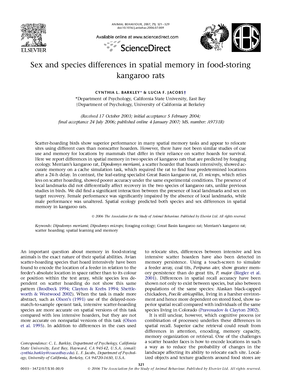 Sex and species differences in spatial memory in food-storing kangaroo rats