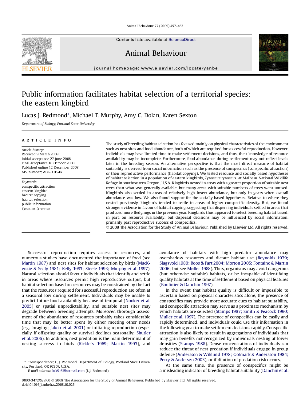 Public information facilitates habitat selection of a territorial species: the eastern kingbird