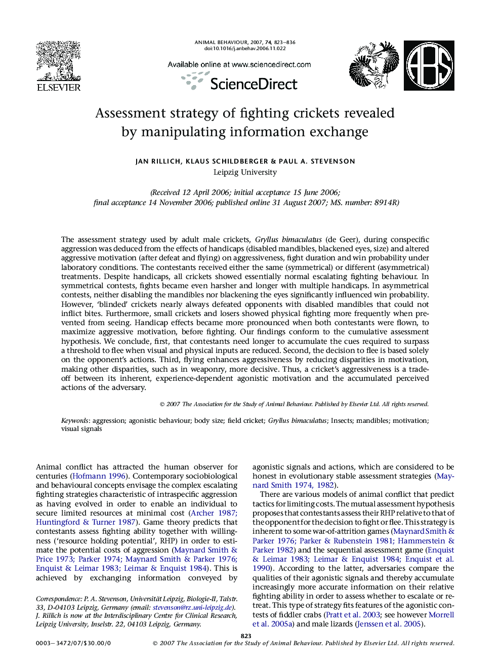 Assessment strategy of fighting crickets revealed by manipulating information exchange