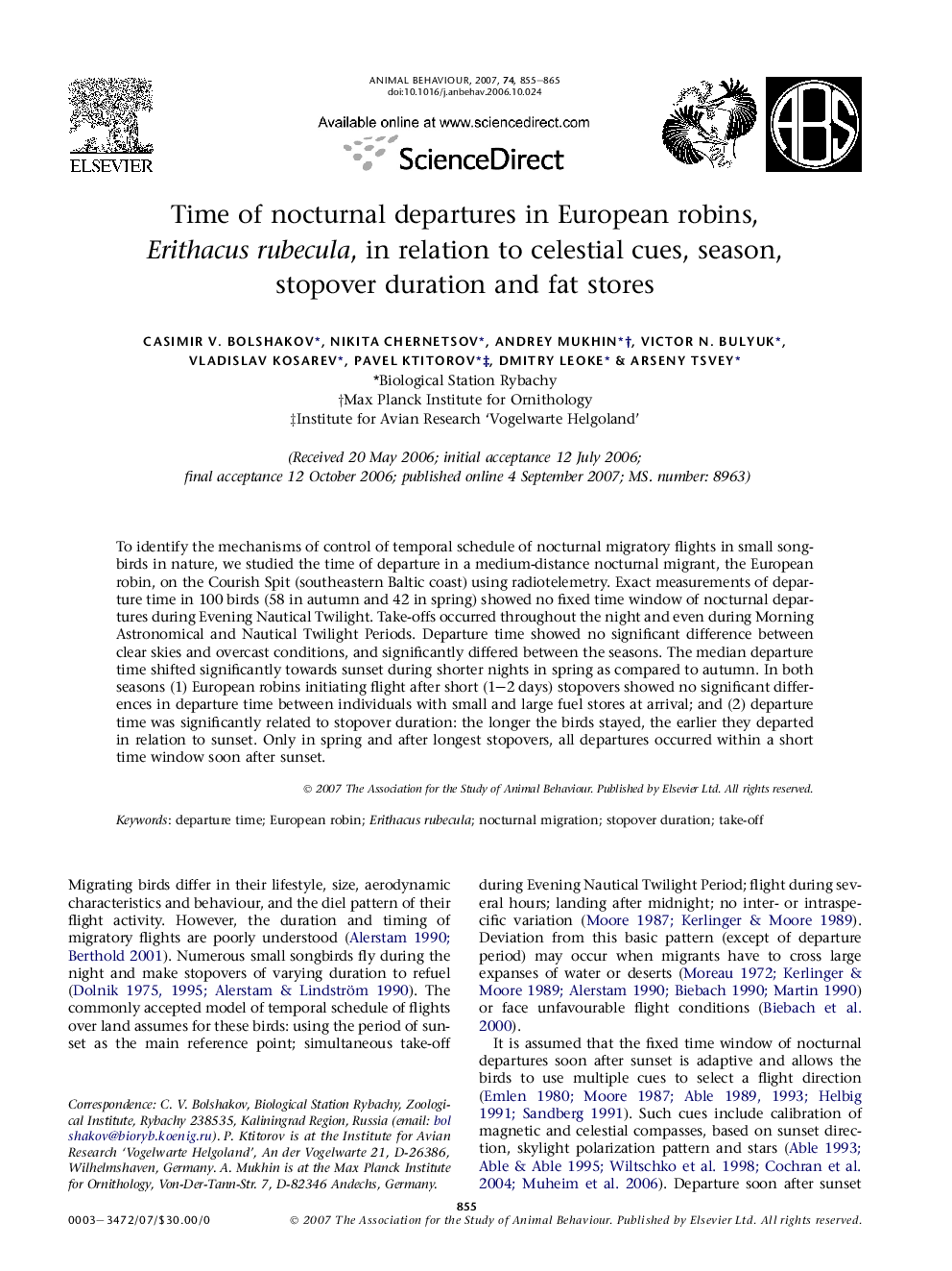 Time of nocturnal departures in European robins, Erithacus rubecula, in relation to celestial cues, season, stopover duration and fat stores