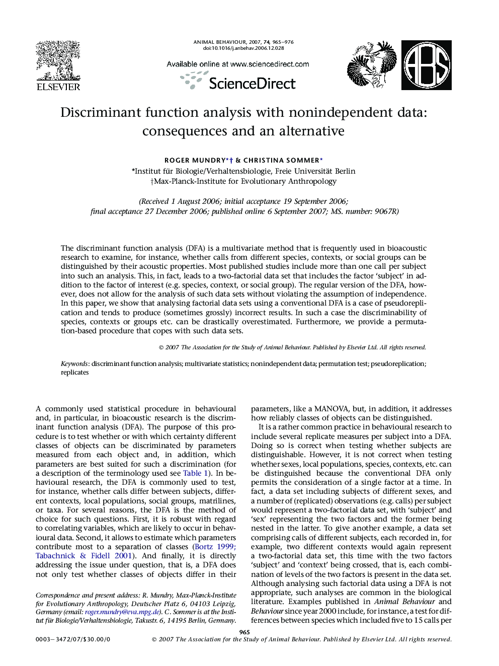 Discriminant function analysis with nonindependent data: consequences and an alternative