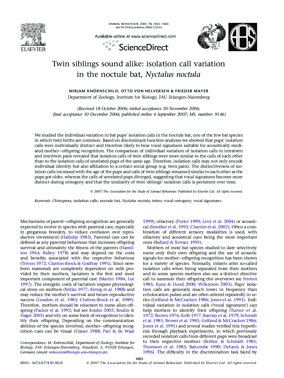 Twin siblings sound alike: isolation call variation in the noctule bat, Nyctalus noctula