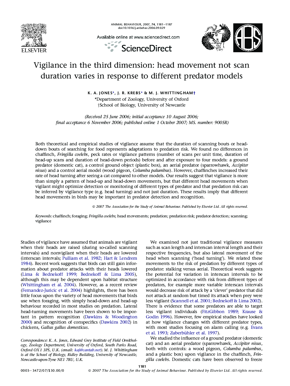 Vigilance in the third dimension: head movement not scan duration varies in response to different predator models
