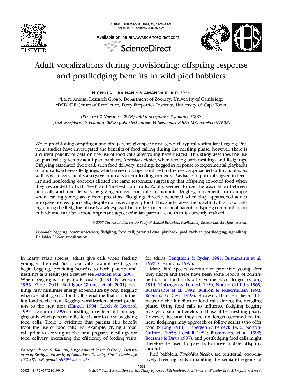 Adult vocalizations during provisioning: offspring response and postfledging benefits in wild pied babblers