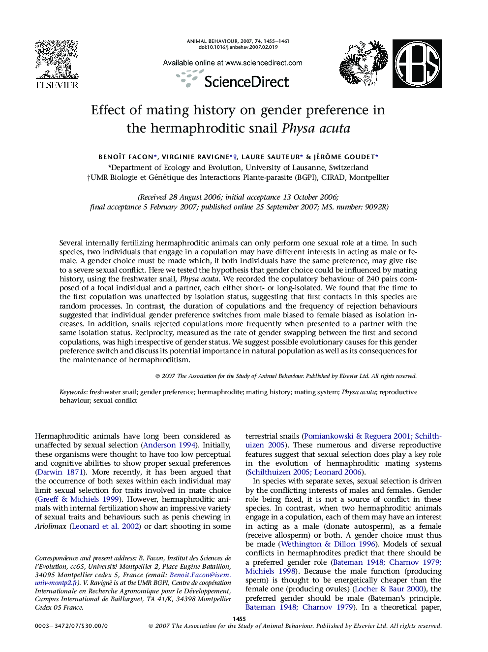 Effect of mating history on gender preference in the hermaphroditic snail Physa acuta