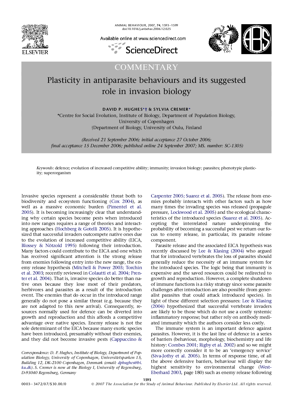 Plasticity in antiparasite behaviours and its suggested role in invasion biology