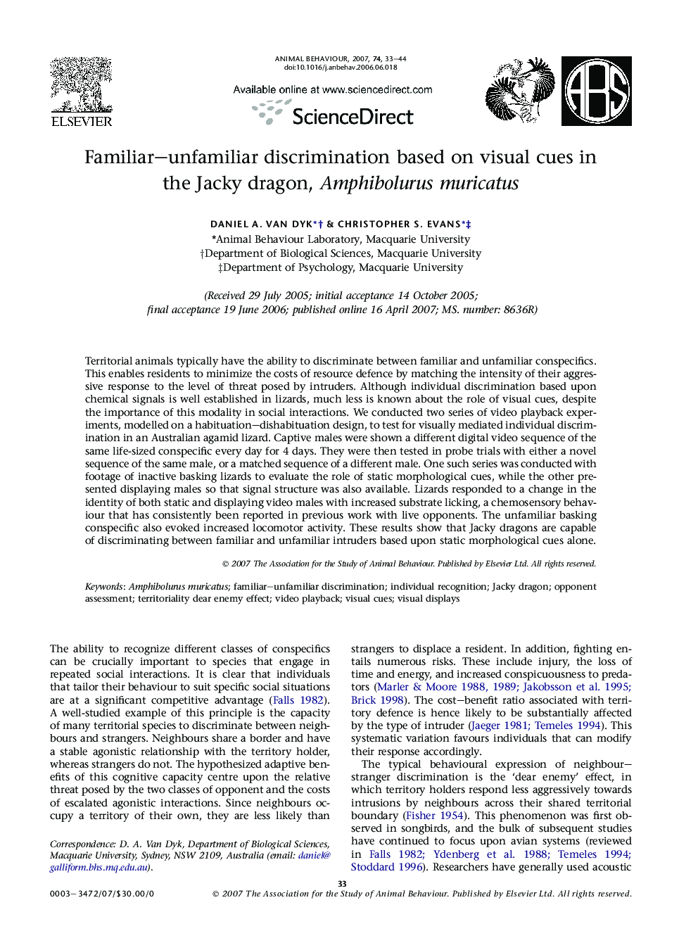 Familiar–unfamiliar discrimination based on visual cues in the Jacky dragon, Amphibolurus muricatus