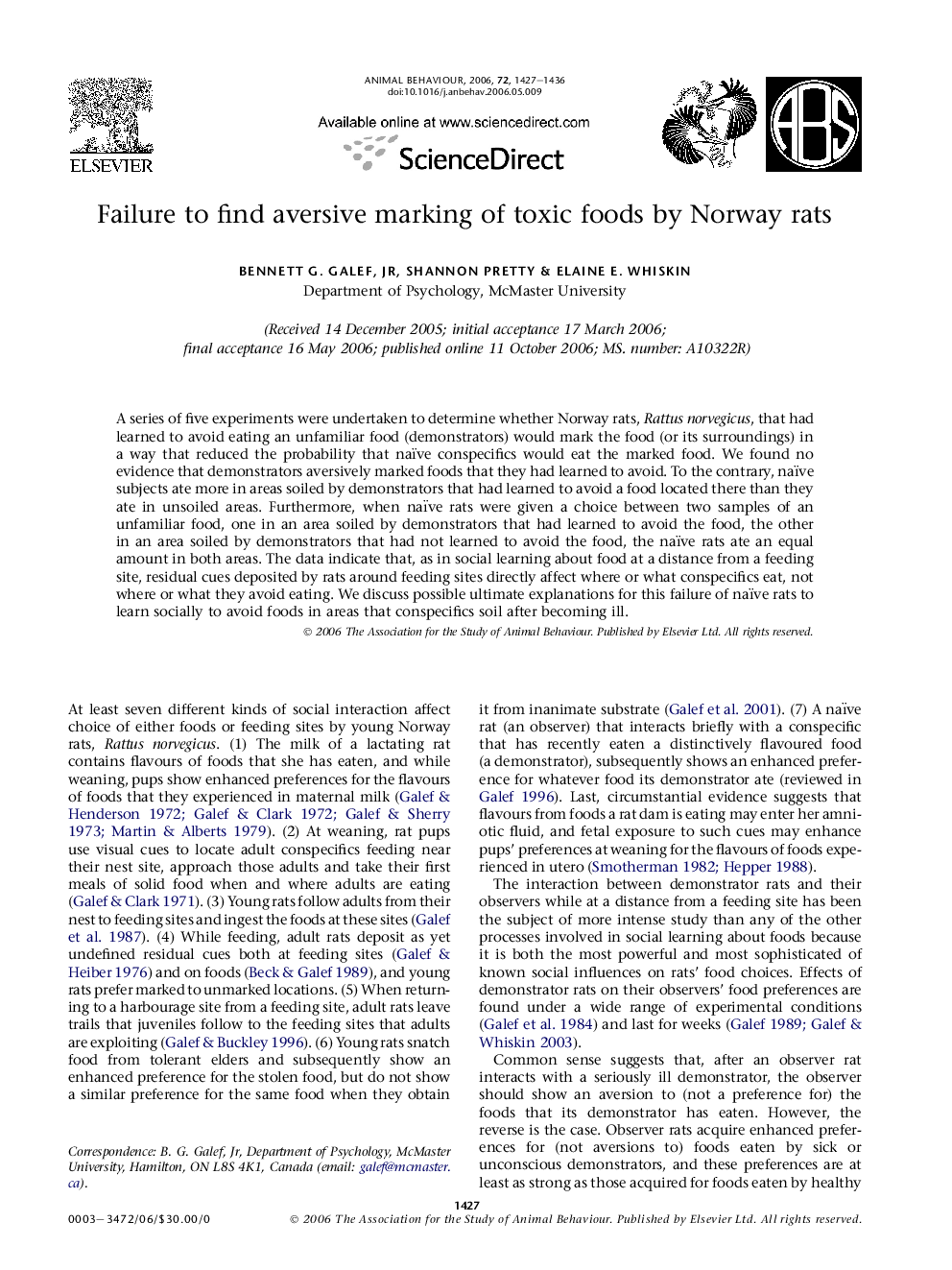عکس صفحه اول مقاله: Failure to find aversive marking of toxic foods by Norway rats Failure to find aversive marking of toxic foods by Norway rats