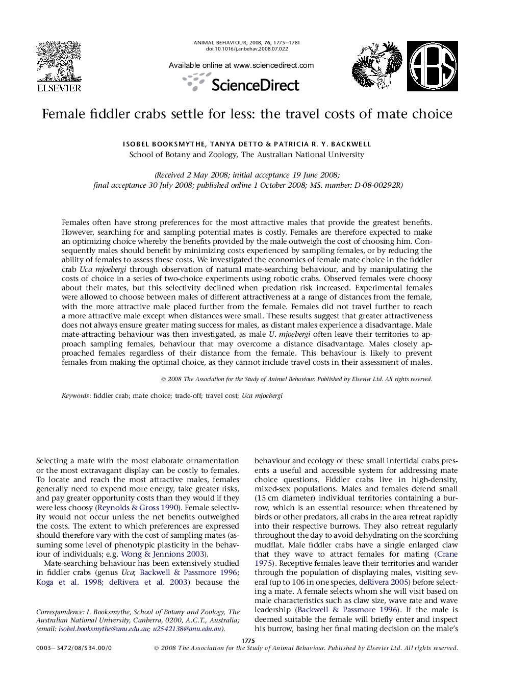 Female fiddler crabs settle for less: the travel costs of mate choice