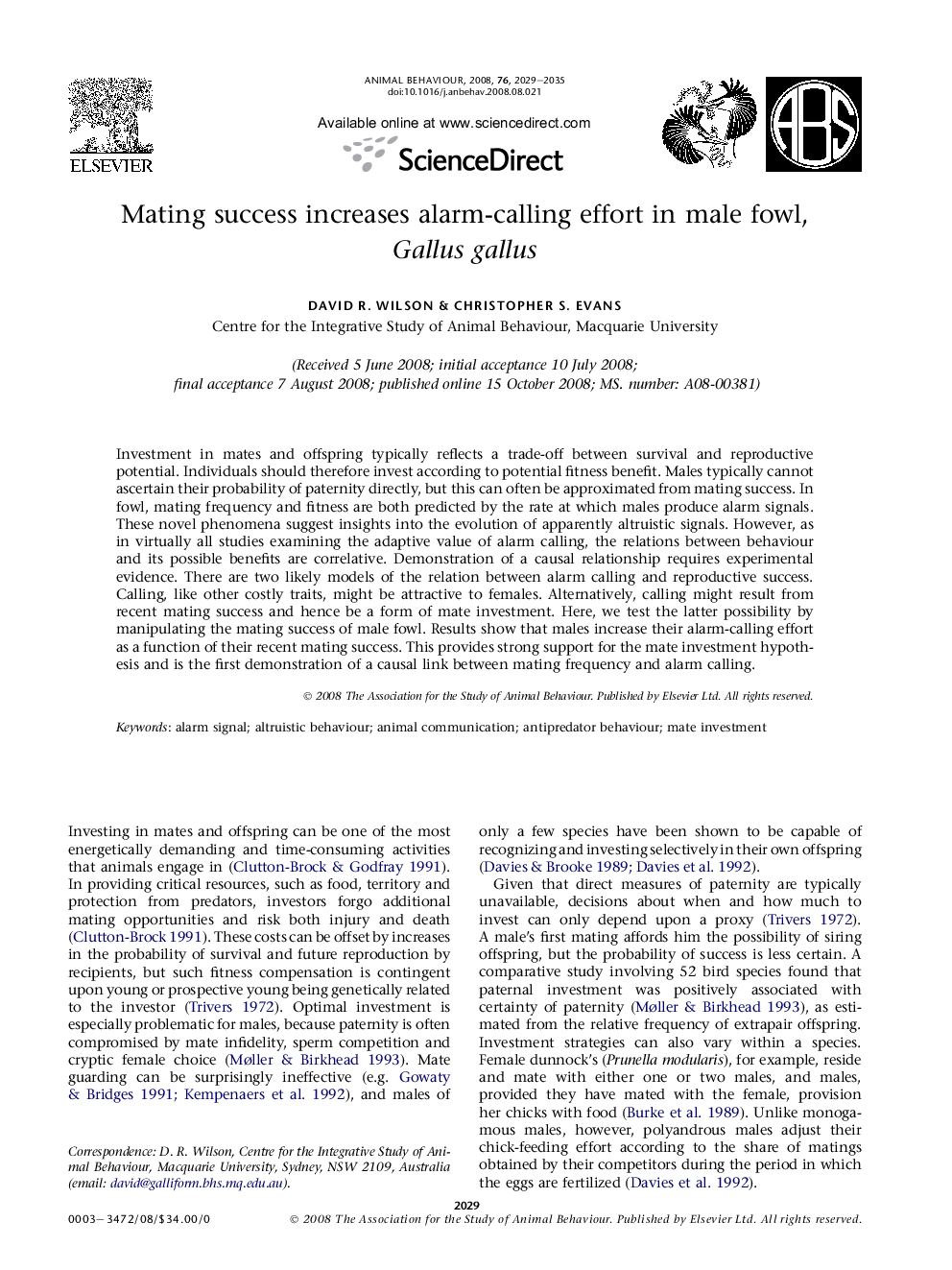 Mating success increases alarm-calling effort in male fowl, Gallus gallus