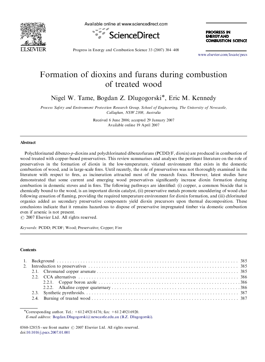 Formation of dioxins and furans during combustion of treated wood