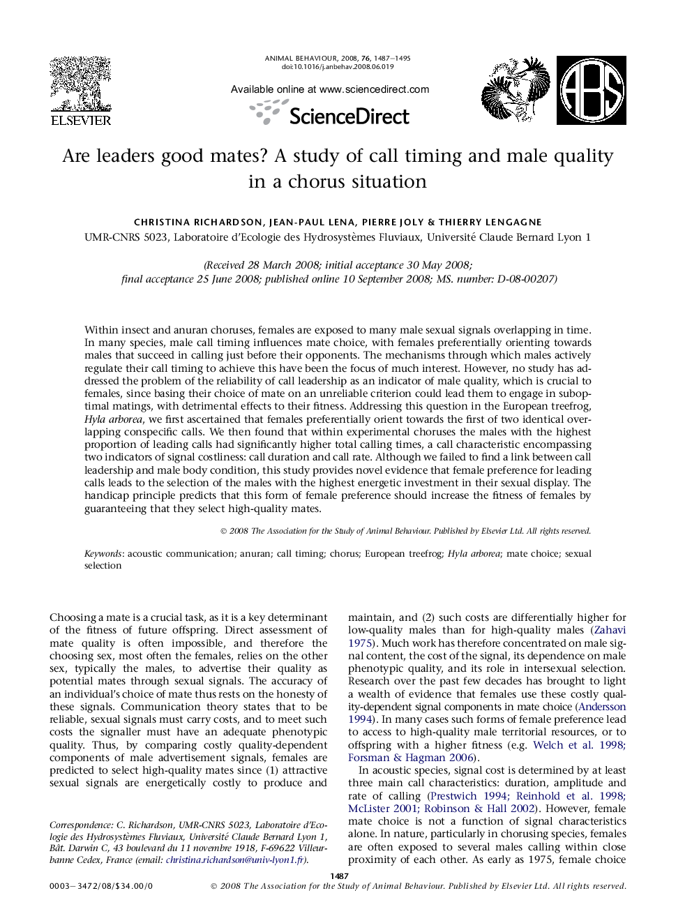 Are leaders good mates? A study of call timing and male quality in a chorus situation