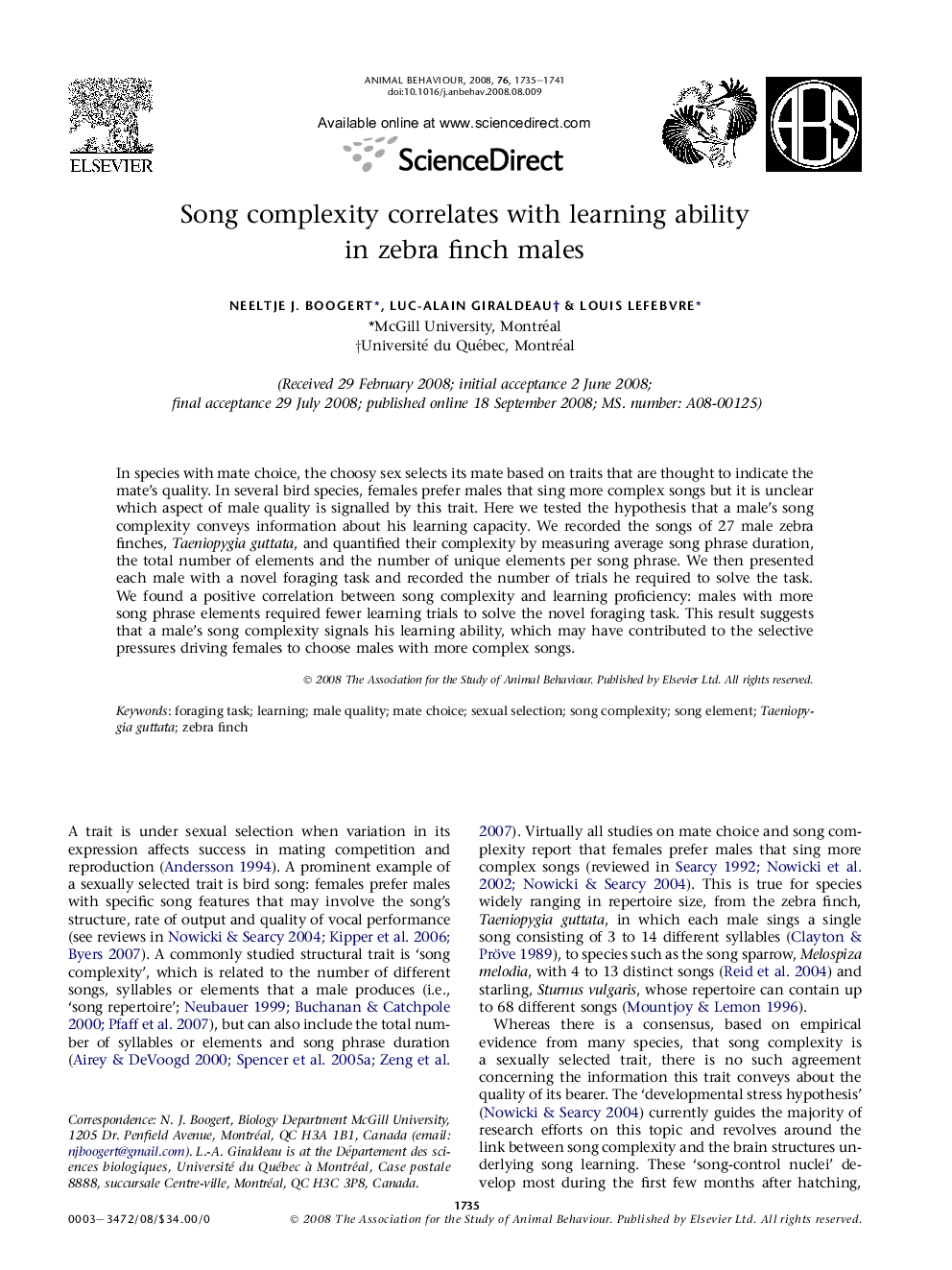 Song complexity correlates with learning ability in zebra finch males