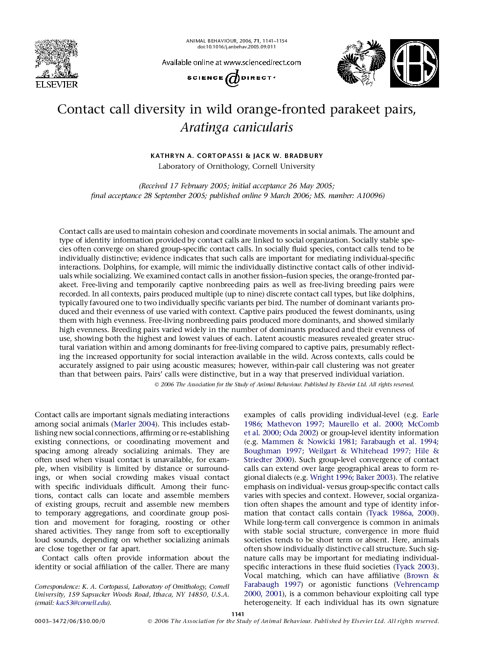 Contact call diversity in wild orange-fronted parakeet pairs, Aratinga canicularis