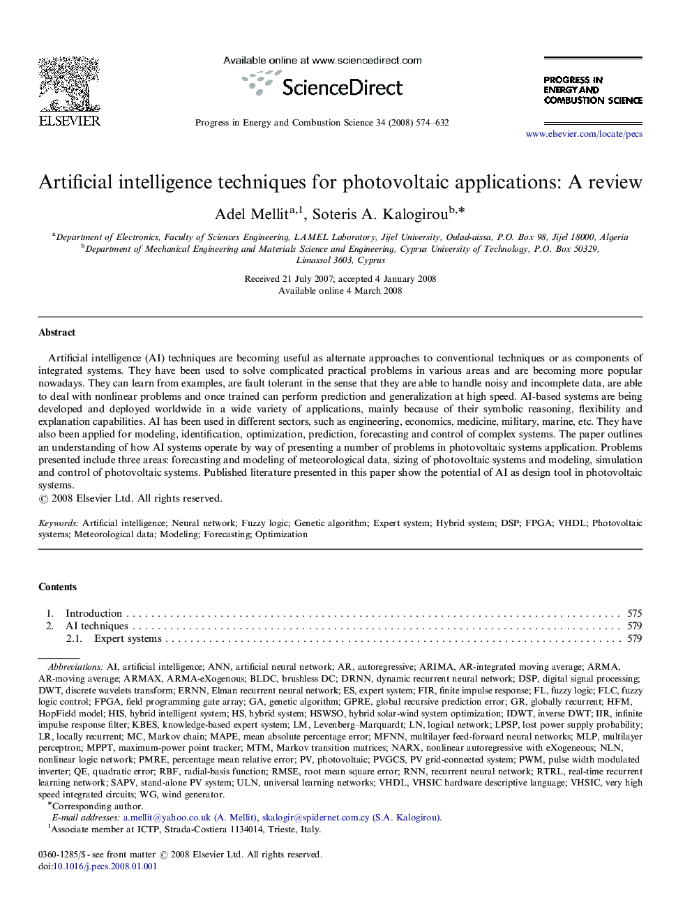 Artificial intelligence techniques for photovoltaic applications: A review