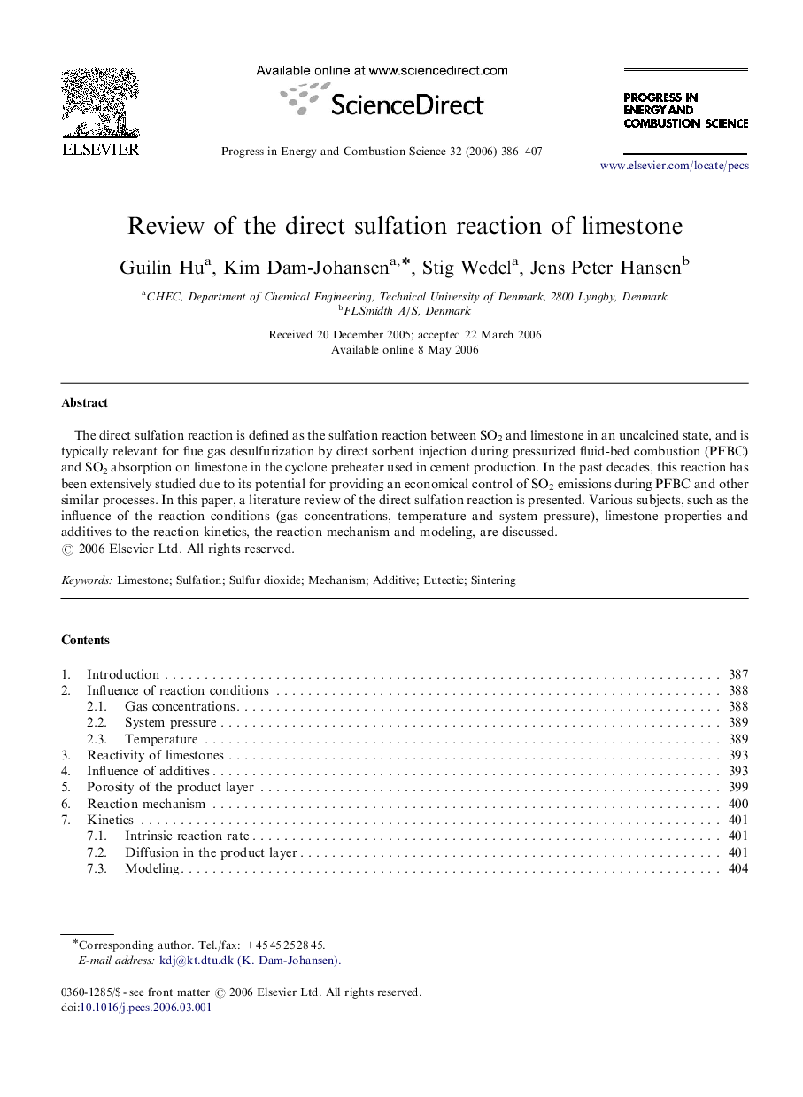 Review of the direct sulfation reaction of limestone