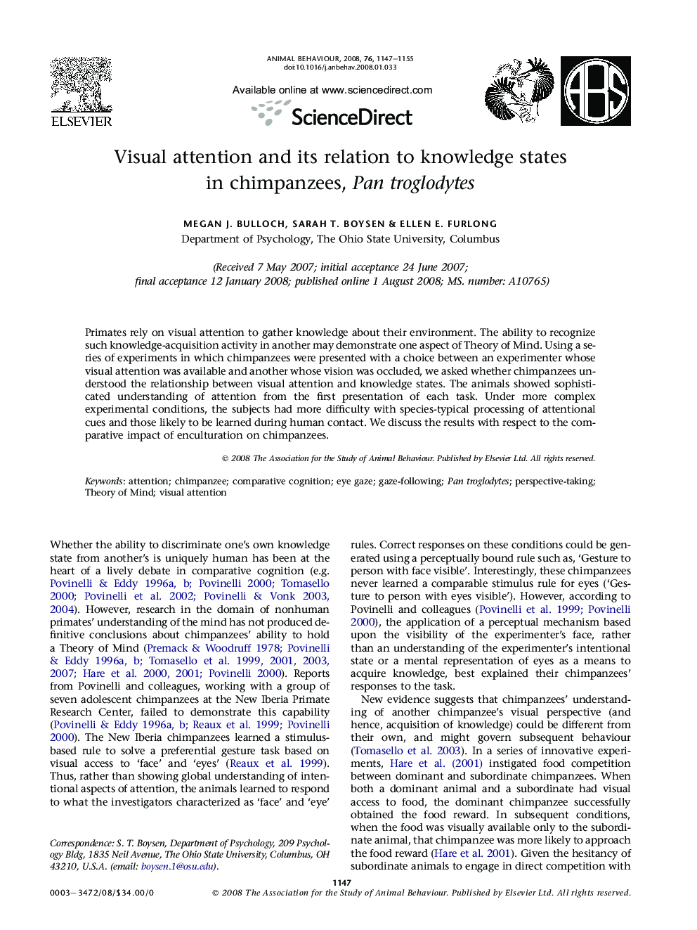 Visual attention and its relation to knowledge states in chimpanzees, Pan troglodytes