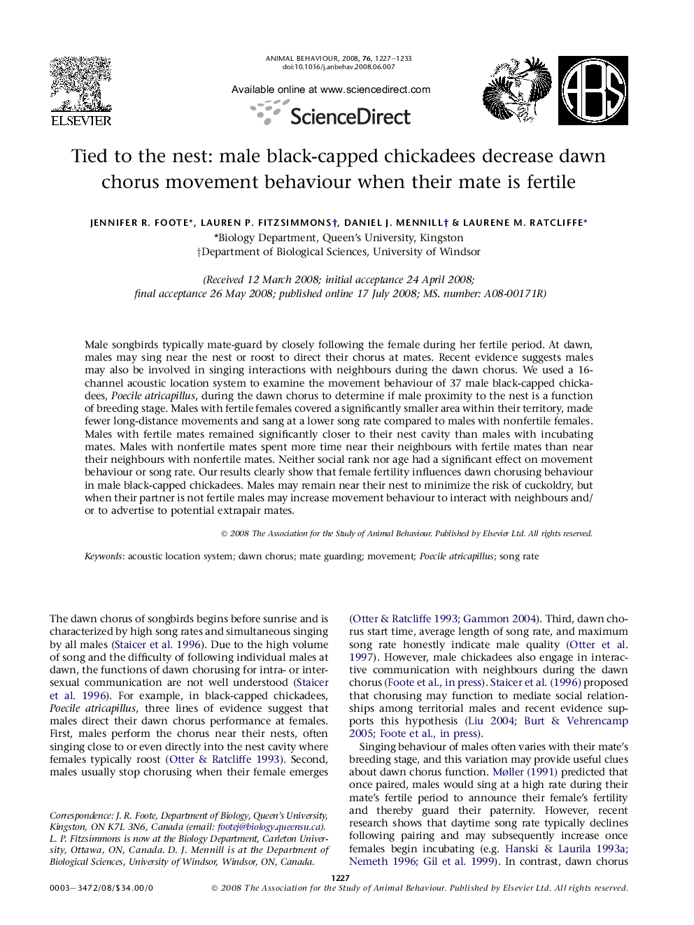 Tied to the nest: male black-capped chickadees decrease dawn chorus movement behaviour when their mate is fertile