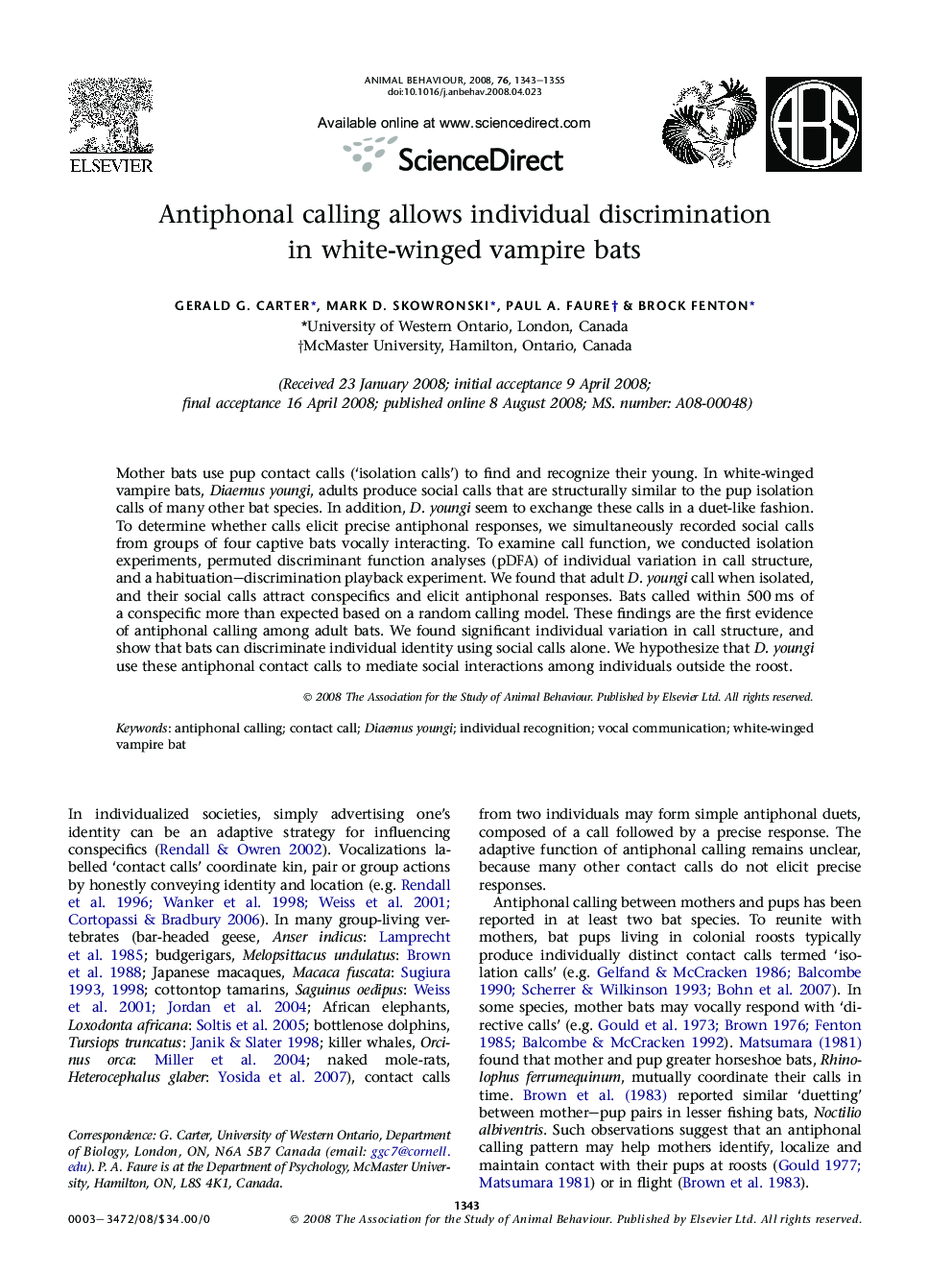 Antiphonal calling allows individual discrimination in white-winged vampire bats