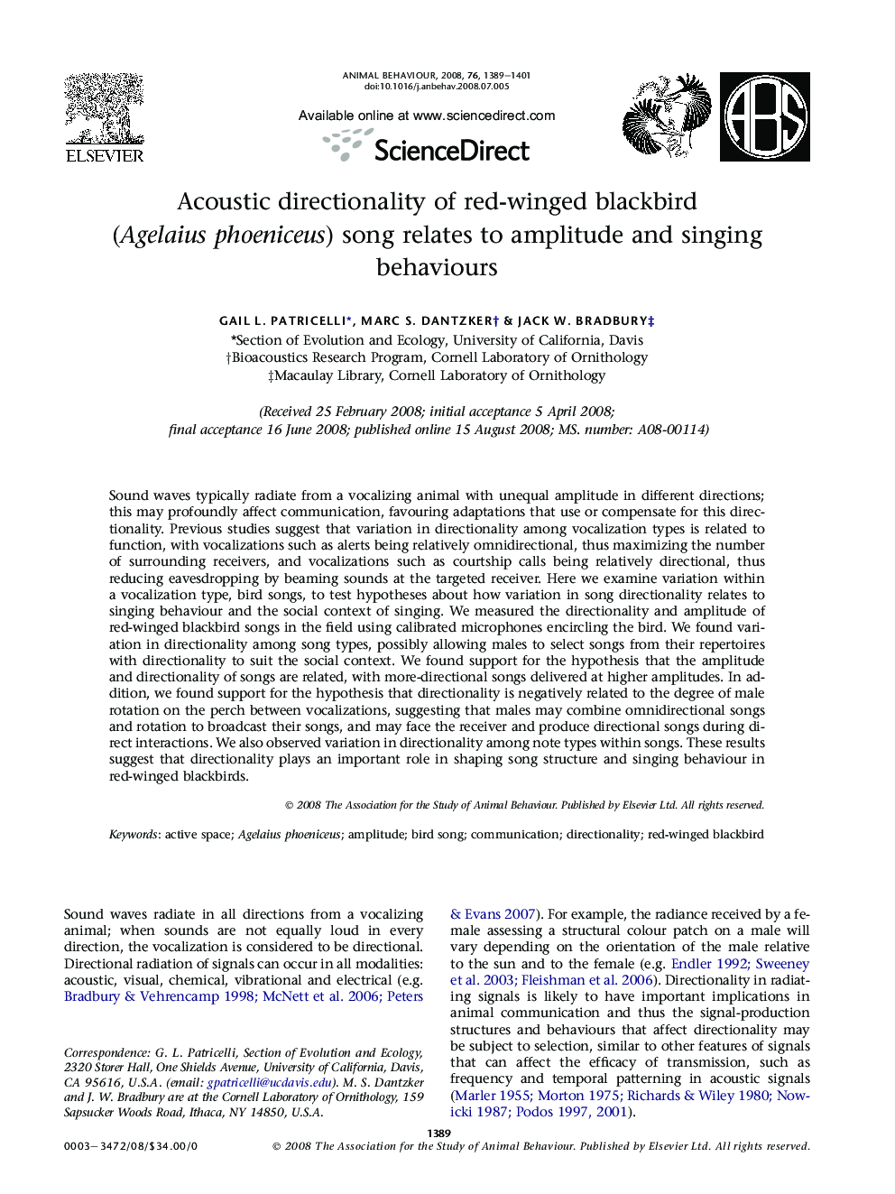 Acoustic directionality of red-winged blackbird (Agelaius phoeniceus) song relates to amplitude and singing behaviours