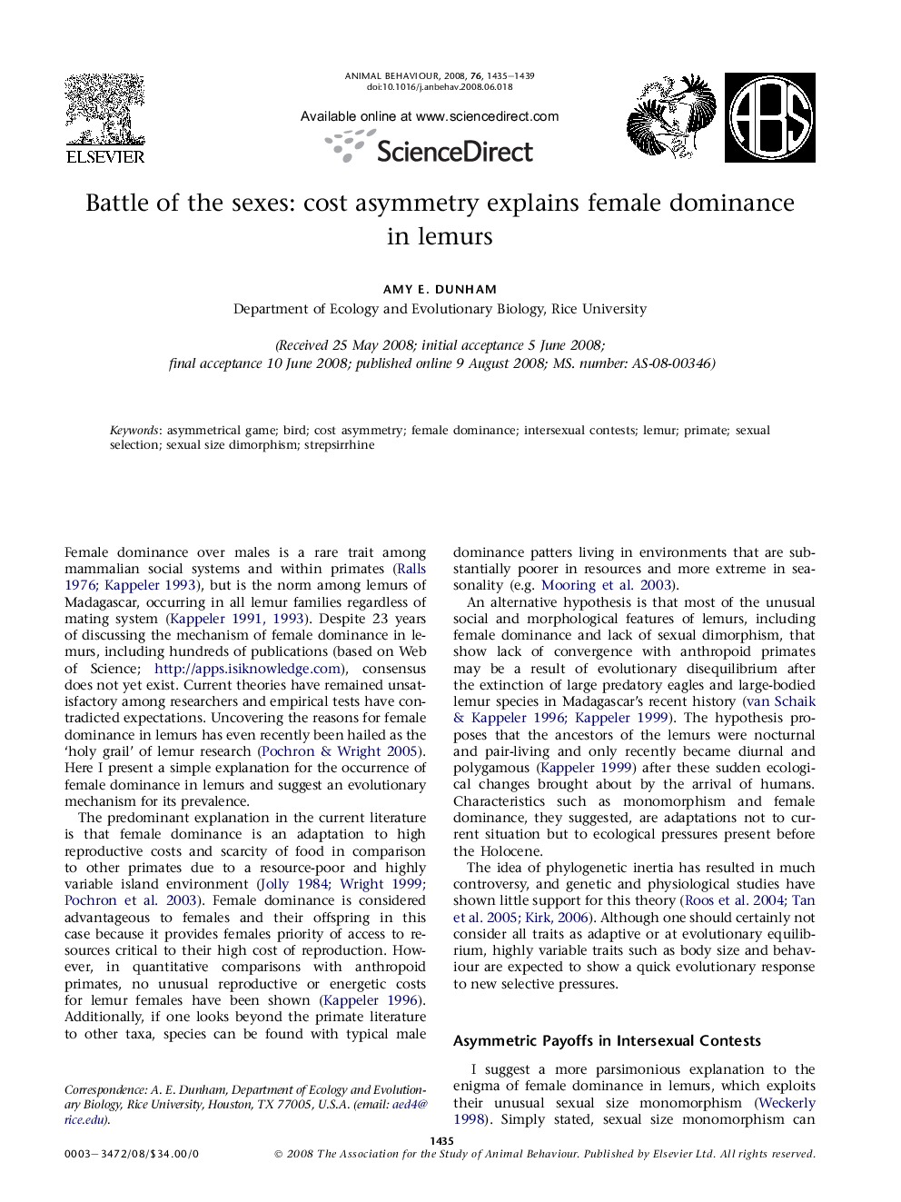 Battle of the sexes: cost asymmetry explains female dominance in lemurs