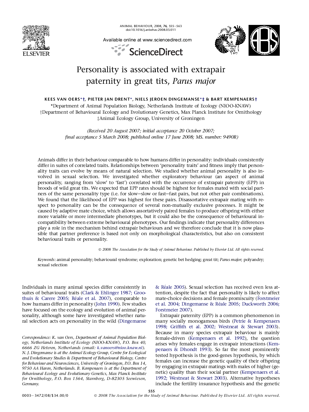 Personality is associated with extrapair paternity in great tits, Parus major