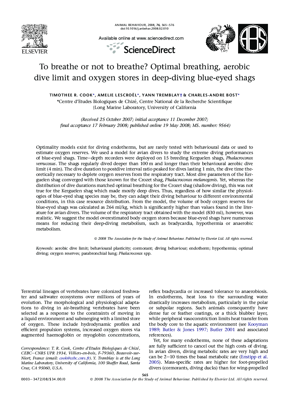 To breathe or not to breathe? Optimal breathing, aerobic dive limit and oxygen stores in deep-diving blue-eyed shags