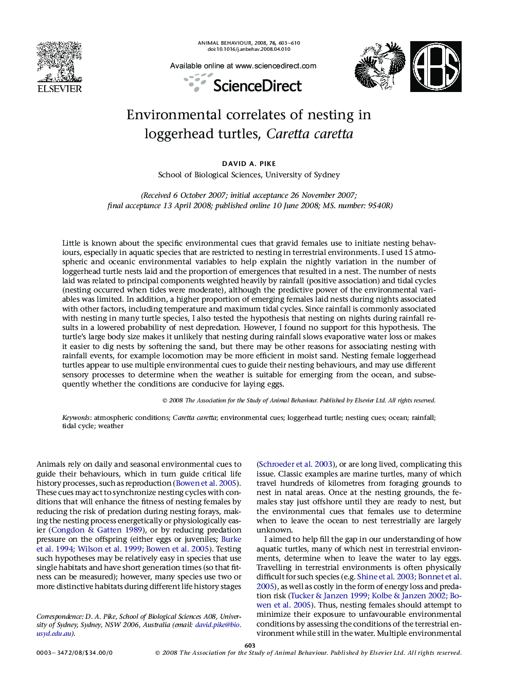 Environmental correlates of nesting in loggerhead turtles, Caretta caretta