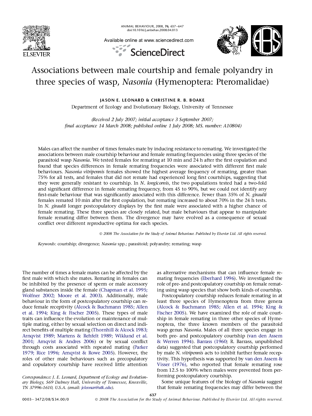 Associations between male courtship and female polyandry in three species of wasp, Nasonia (Hymenoptera: Pteromalidae)