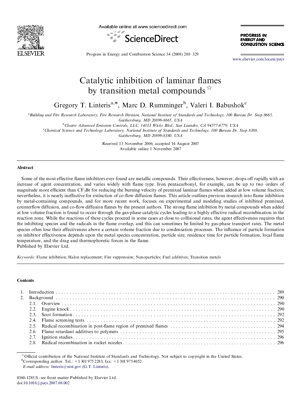 عکس صفحه اول مقاله: Catalytic inhibition of laminar flames by transition metal compounds Catalytic inhibition of laminar flames by transition metal compounds