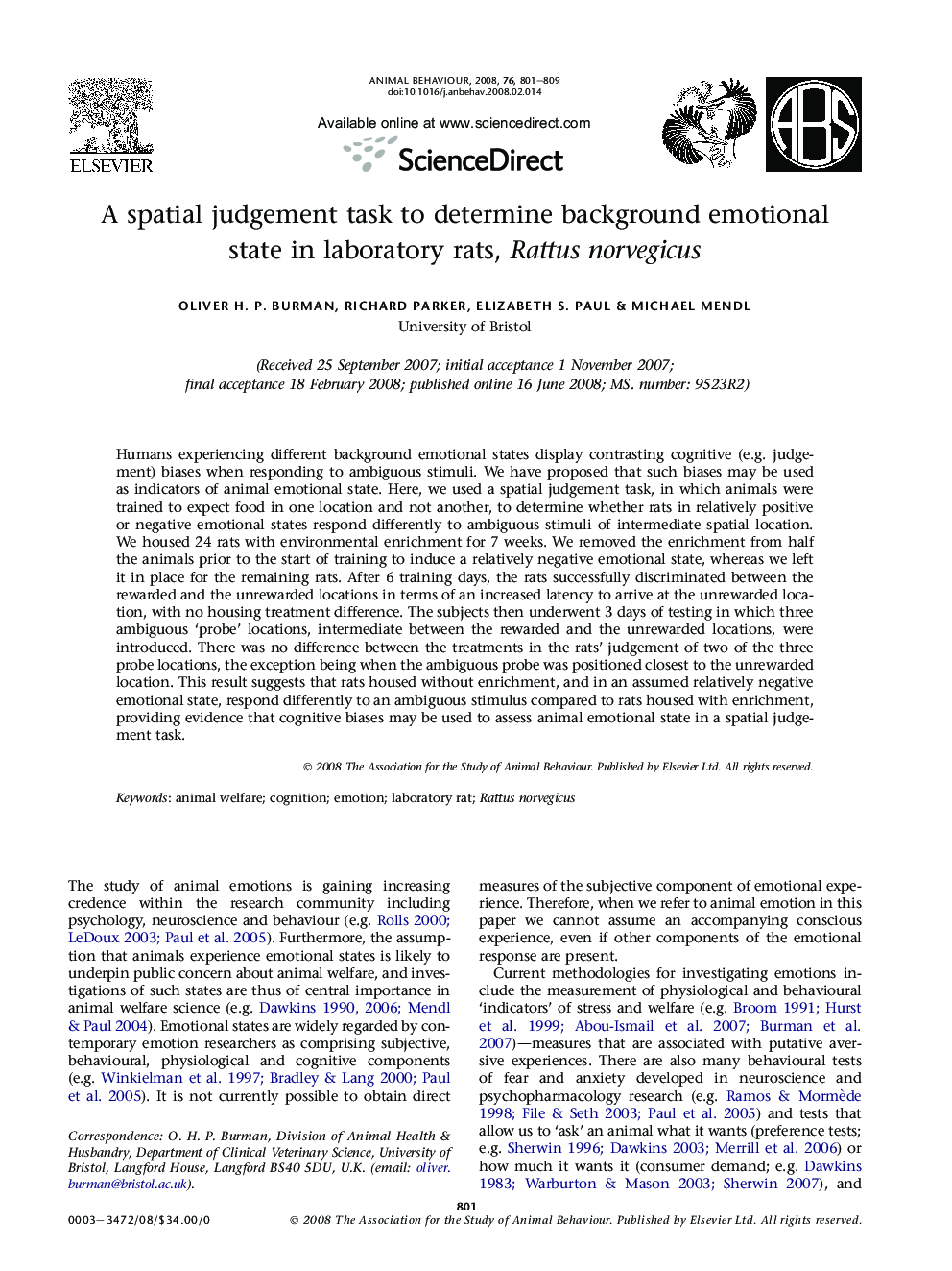 A spatial judgement task to determine background emotional state in laboratory rats, Rattus norvegicus