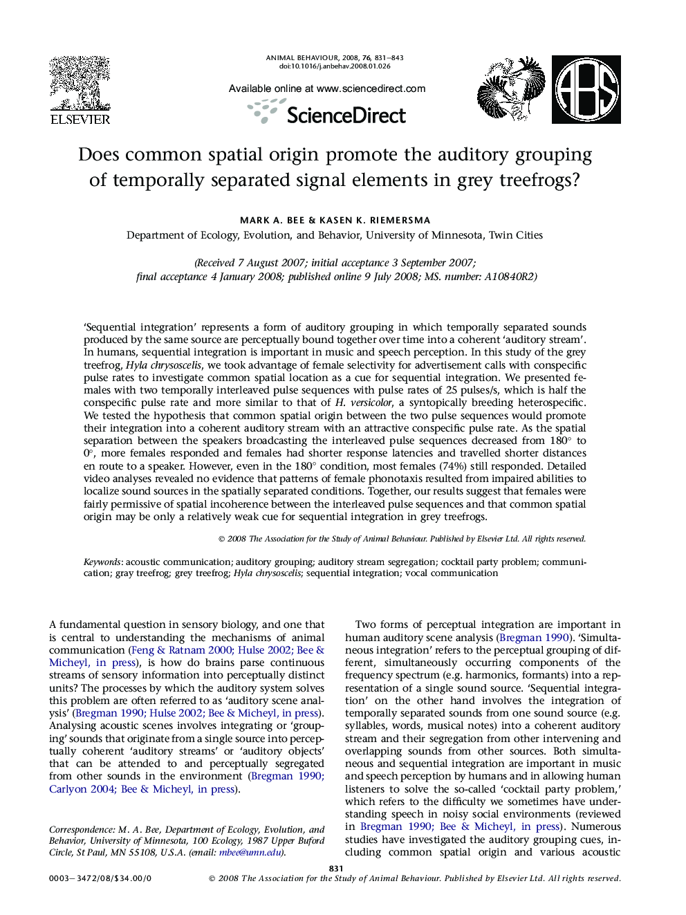 Does common spatial origin promote the auditory grouping of temporally separated signal elements in grey treefrogs?