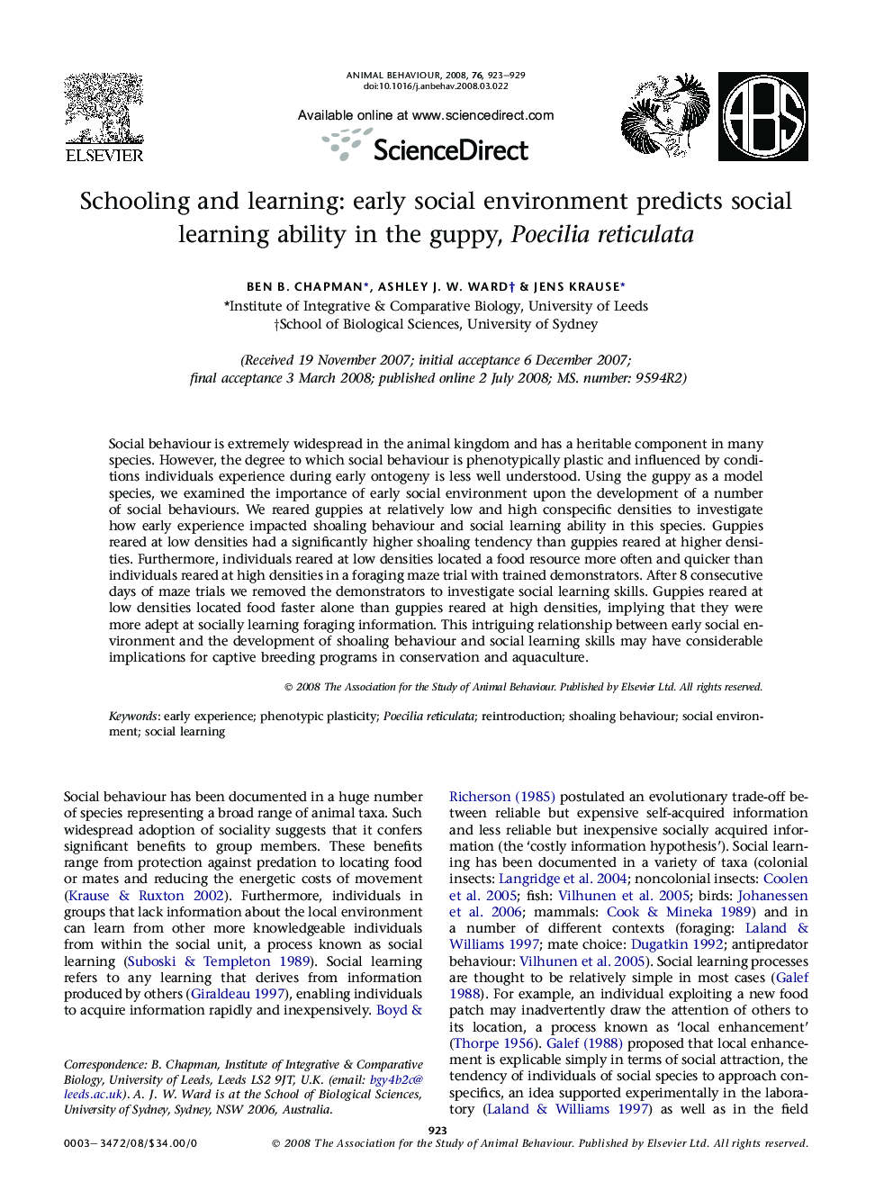 Schooling and learning: early social environment predicts social learning ability in the guppy, Poecilia reticulata