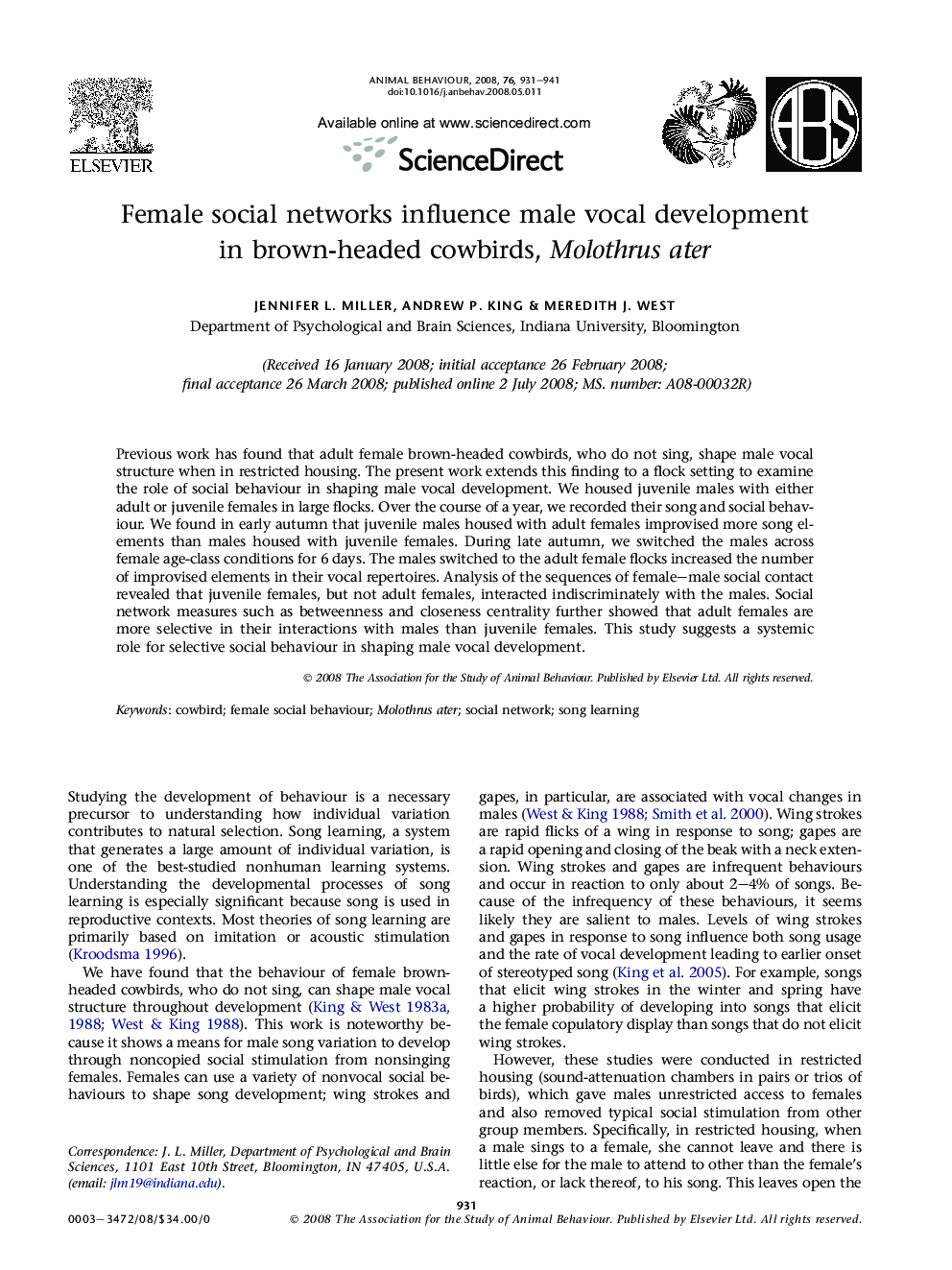 Female social networks influence male vocal development in brown-headed cowbirds, Molothrus ater