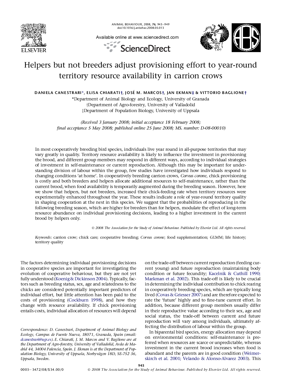 Helpers but not breeders adjust provisioning effort to year-round territory resource availability in carrion crows