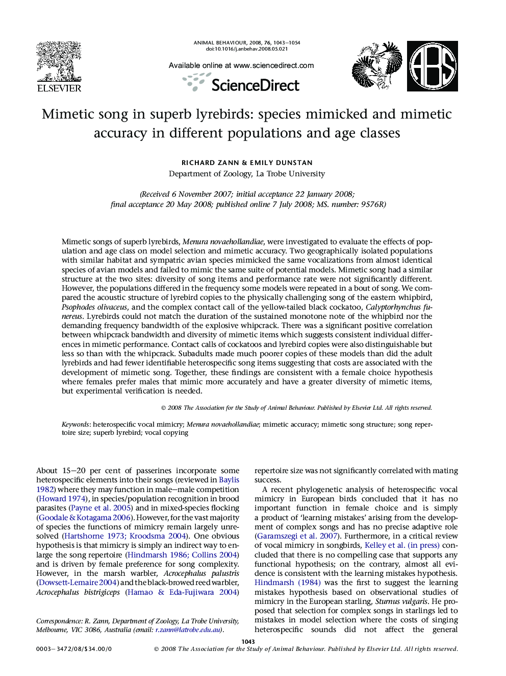Mimetic song in superb lyrebirds: species mimicked and mimetic accuracy in different populations and age classes