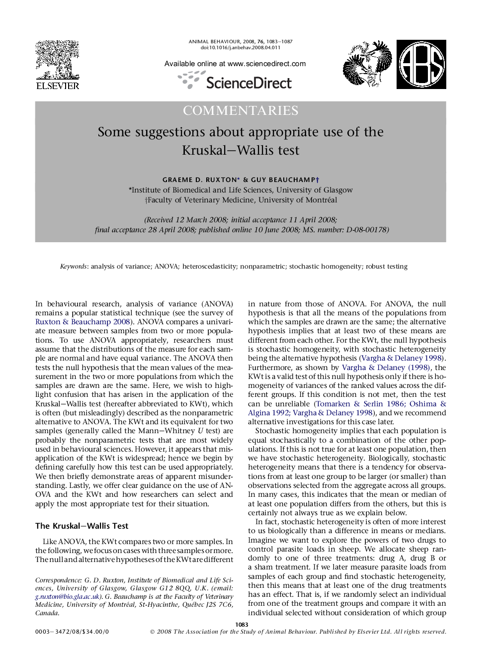 Some suggestions about appropriate use of the Kruskal-Wallis test