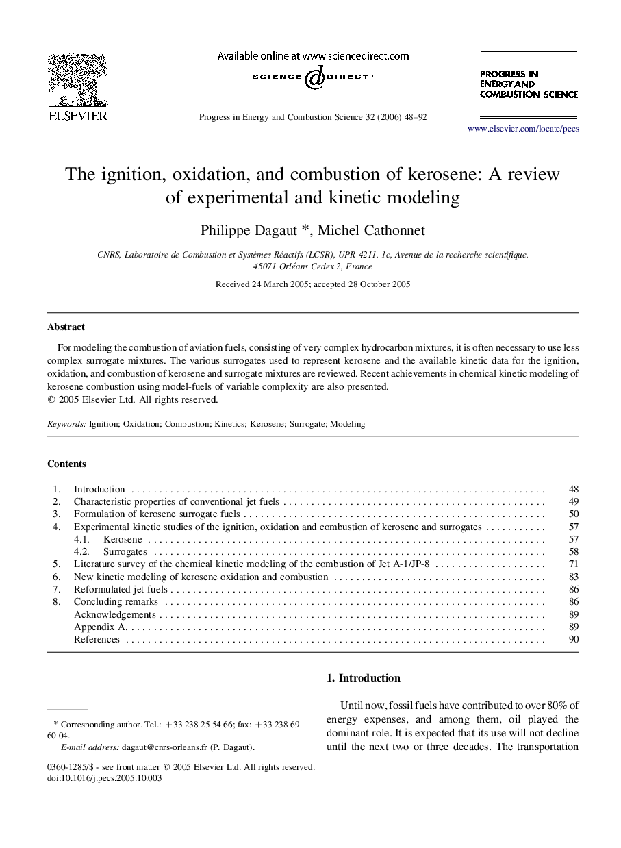 The ignition, oxidation, and combustion of kerosene: A review of experimental and kinetic modeling