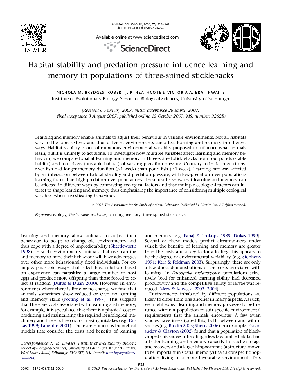 Habitat stability and predation pressure influence learning and memory in populations of three-spined sticklebacks