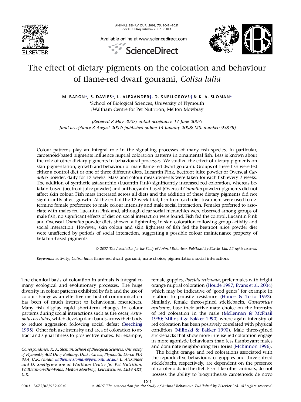 The effect of dietary pigments on the coloration and behaviour of flame-red dwarf gourami, Colisa lalia