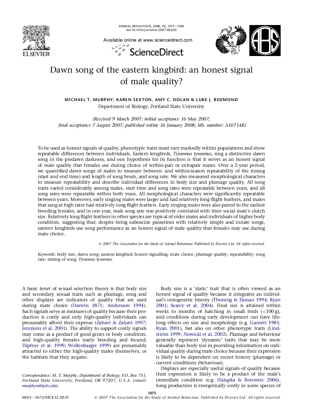 Dawn song of the eastern kingbird: an honest signal of male quality?