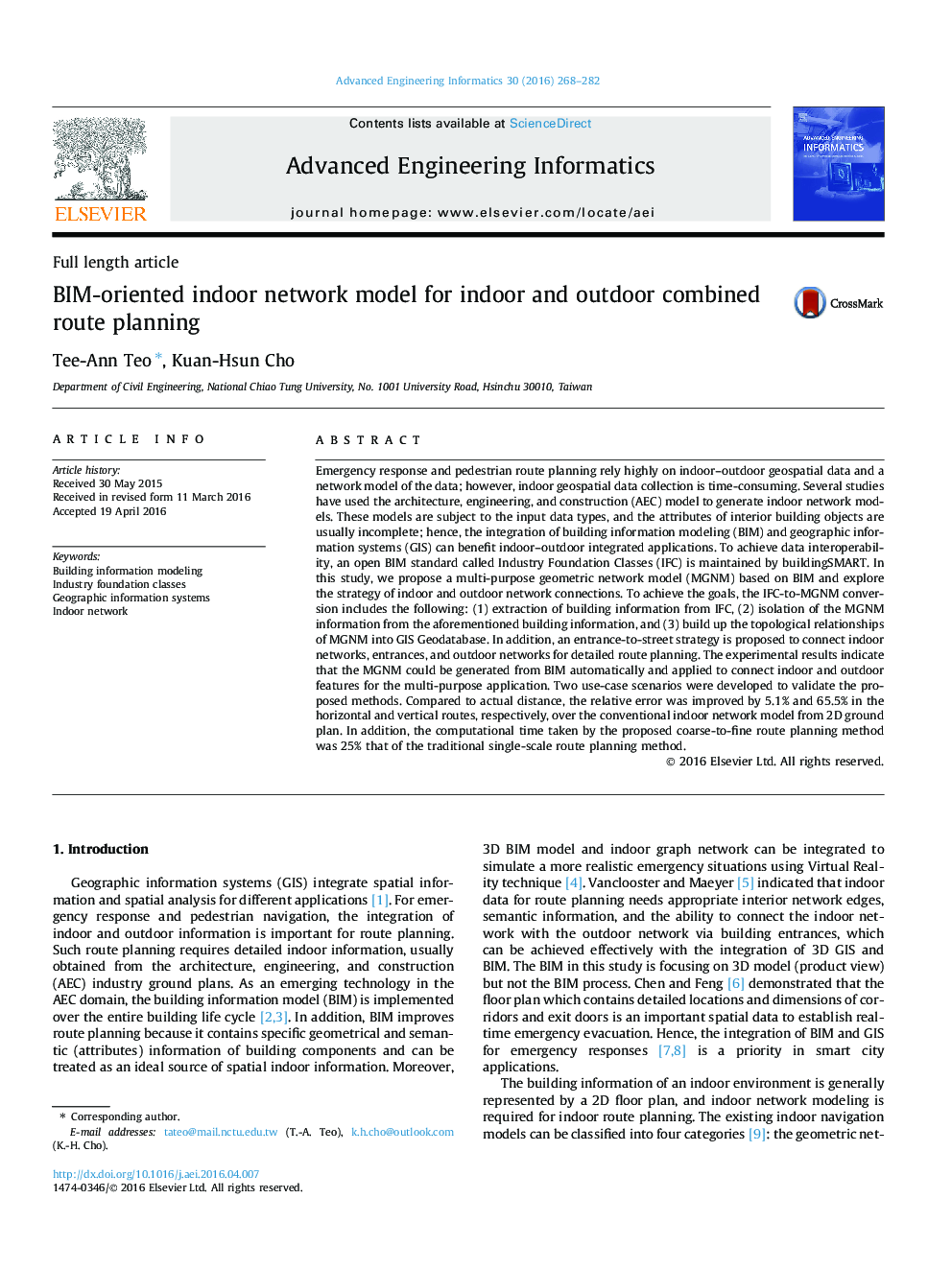 BIM-oriented indoor network model for indoor and outdoor combined route planning