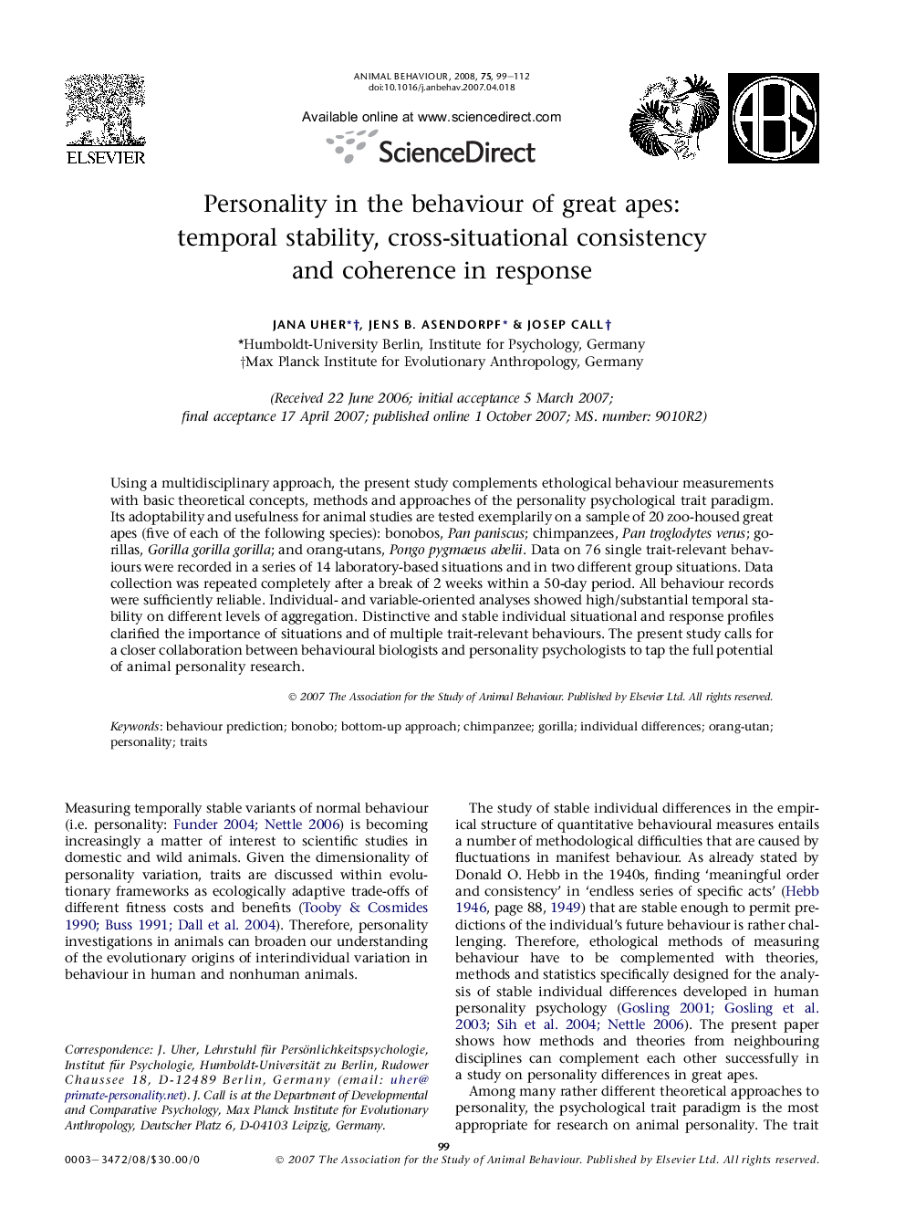 Personality in the behaviour of great apes: temporal stability, cross-situational consistency and coherence in response