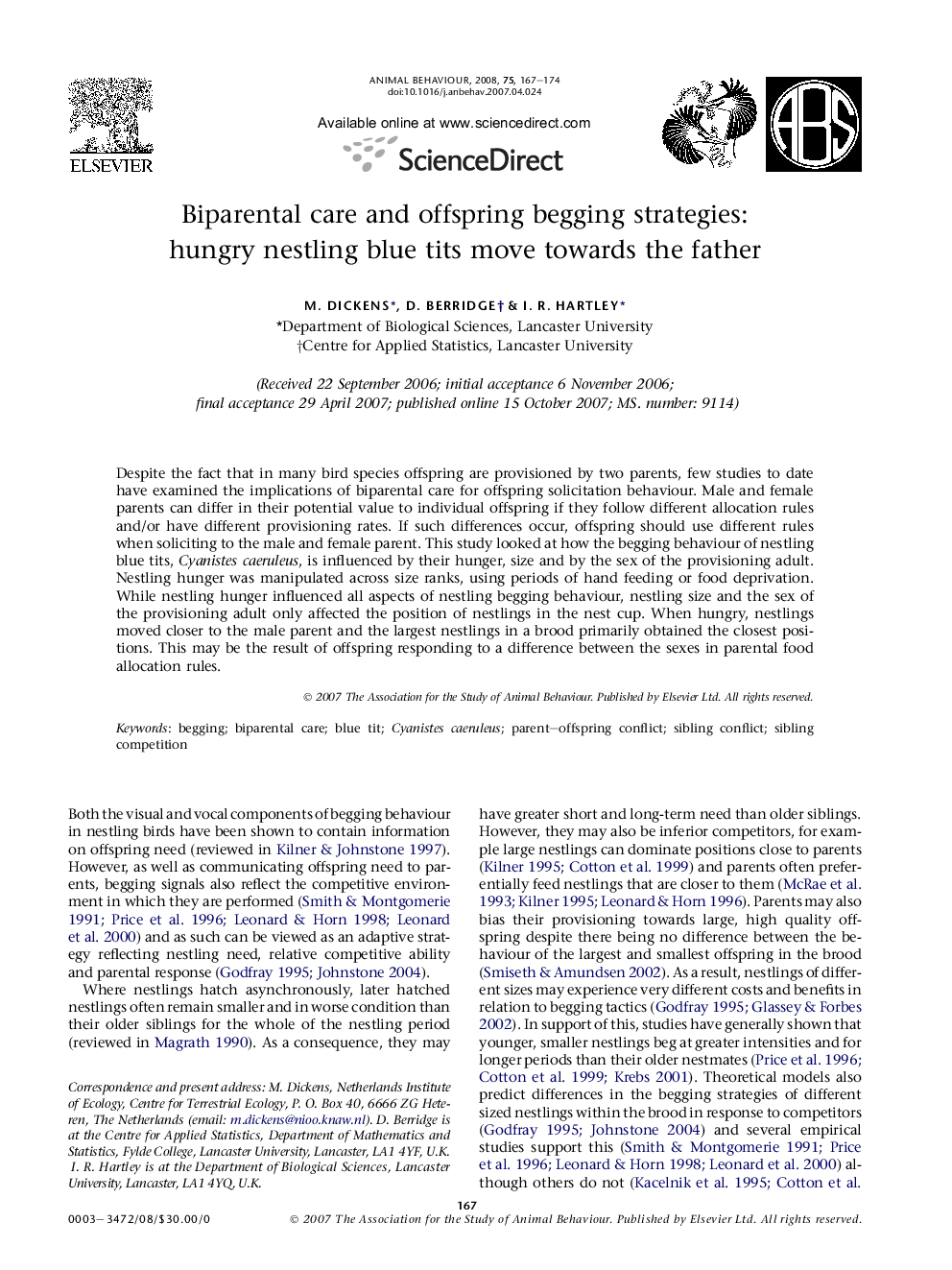 Biparental care and offspring begging strategies: hungry nestling blue tits move towards the father