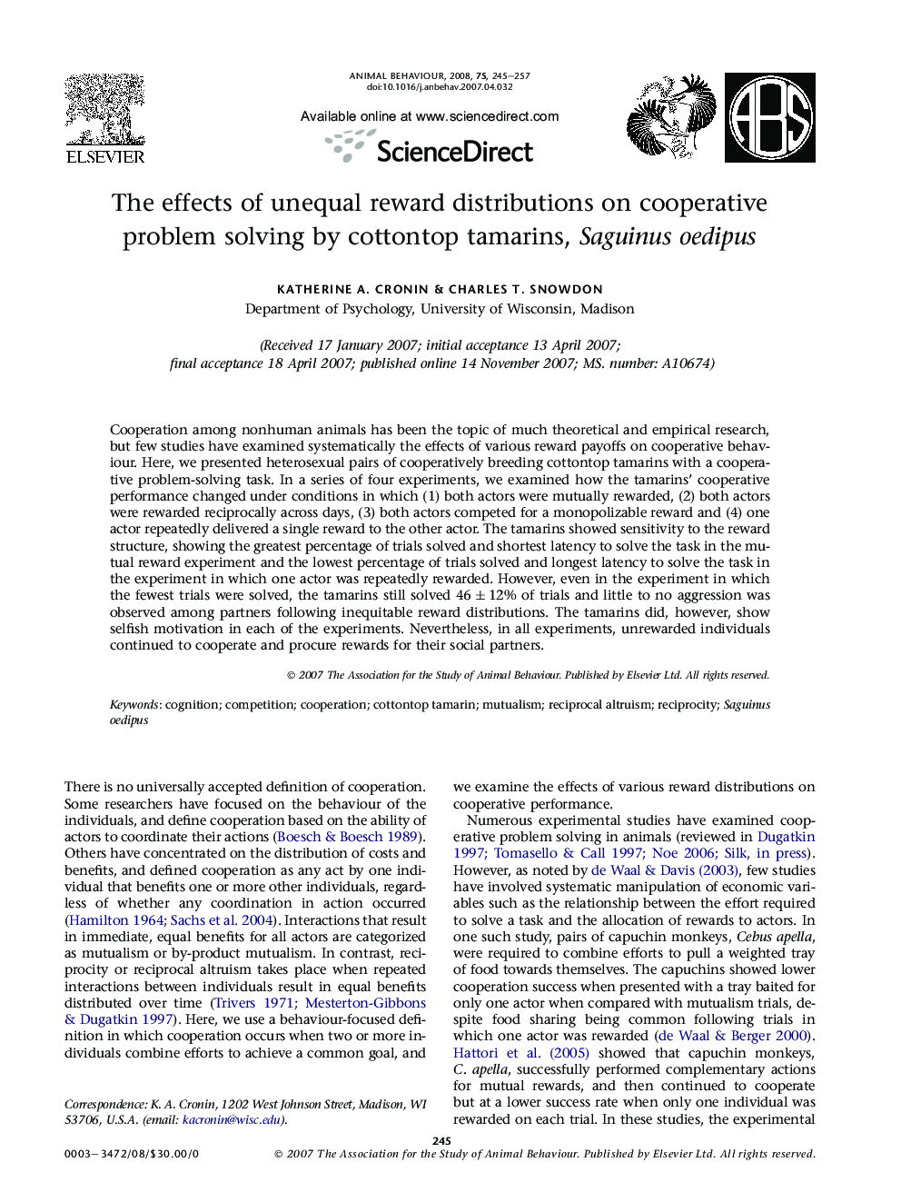 The effects of unequal reward distributions on cooperative problem solving by cottontop tamarins, Saguinus oedipus