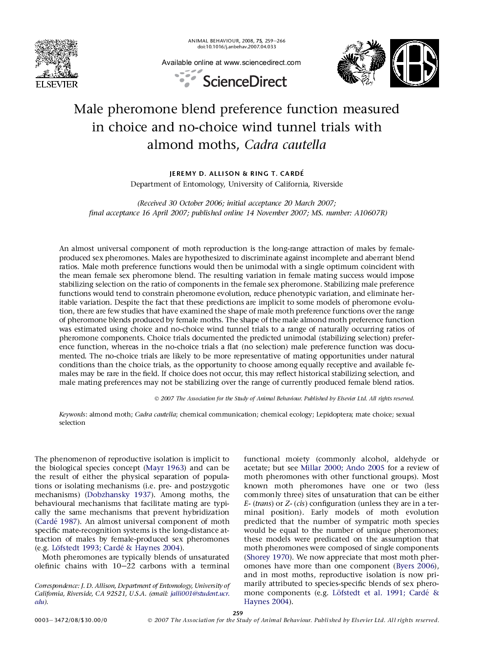 Male pheromone blend preference function measured in choice and no-choice wind tunnel trials with almond moths, Cadra cautella