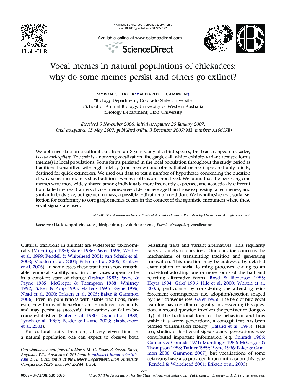 Vocal memes in natural populations of chickadees: why do some memes persist and others go extinct?