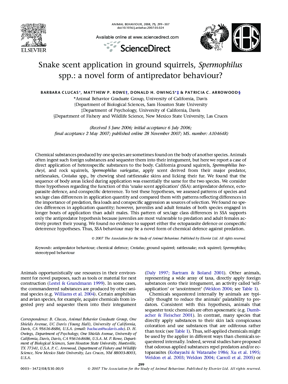 Snake scent application in ground squirrels, Spermophilus spp.: a novel form of antipredator behaviour?