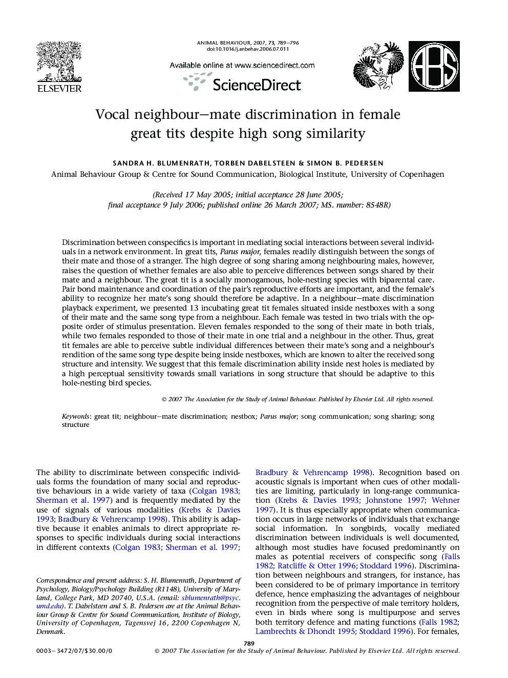 Vocal neighbour–mate discrimination in female great tits despite high song similarity